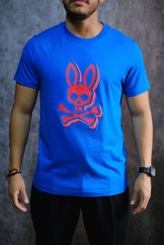 Camiseta PSY azul logo rojo